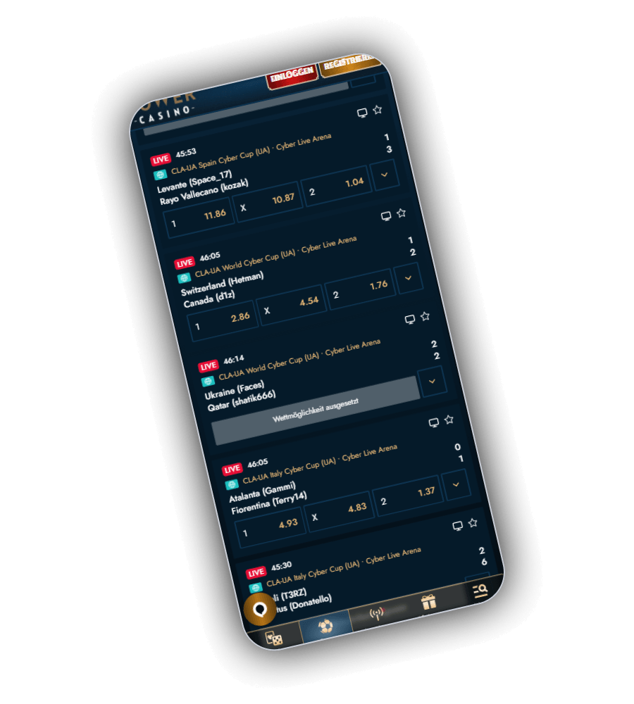 Live-Liste mit Cyber-Fußball und einer ausgesetzten Wettmöglichkeit