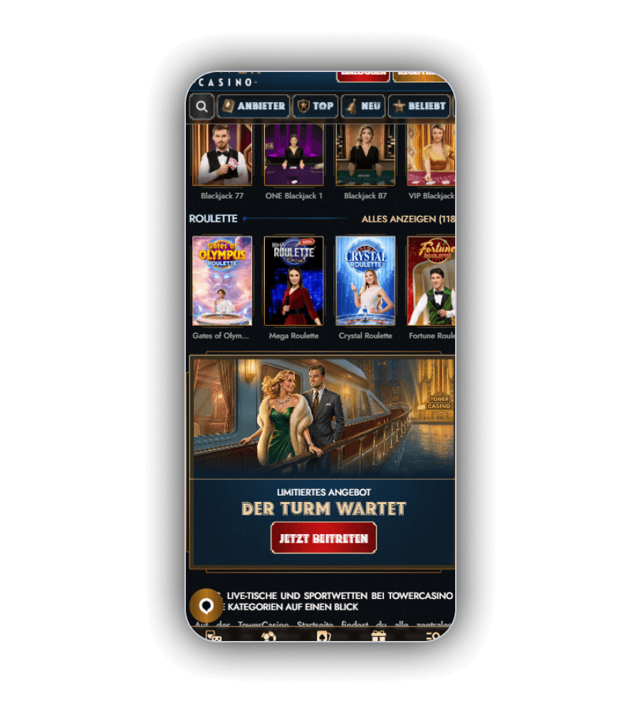 Live-Blackjack-Tische und Roulette-Reihe in der Lobby